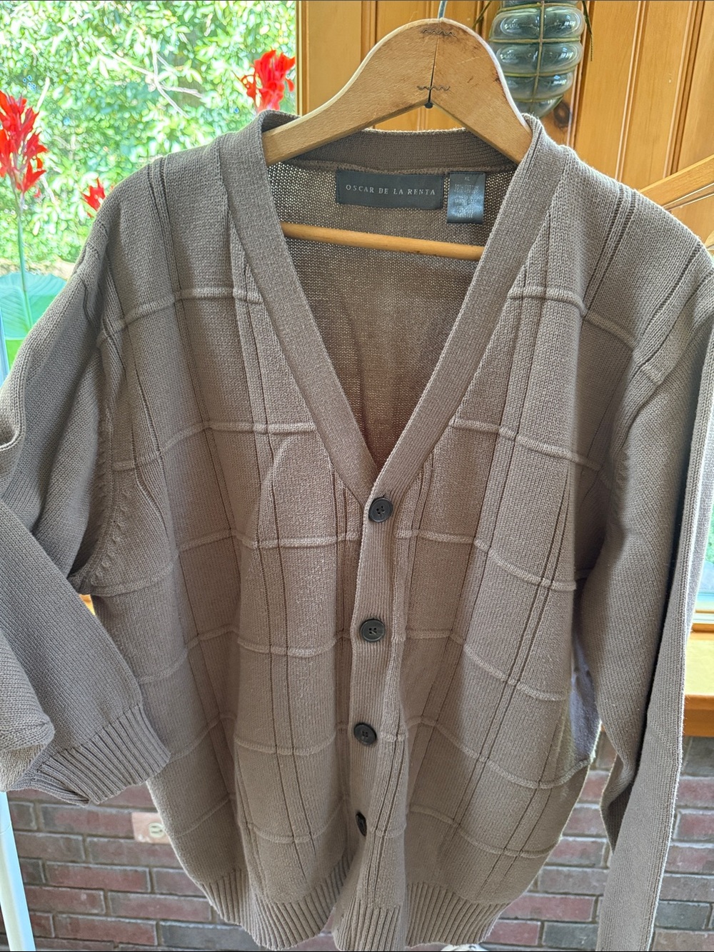 Oscar de la Renta Taupe/Brown Grid-Textured Button Cardigan